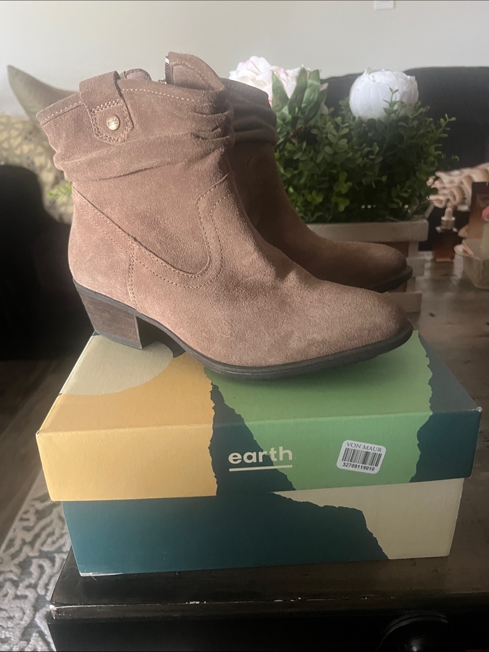 Earth Taupe Suede Low Heel Ankle Booties